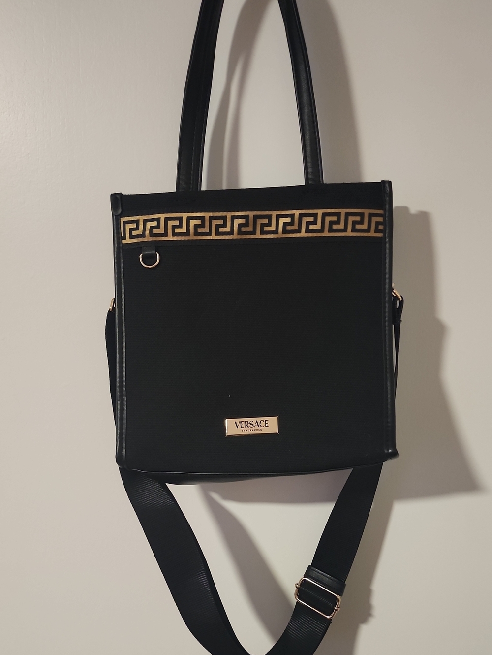 Versace Black Shoulder Bag with Gold Greek Key Trim